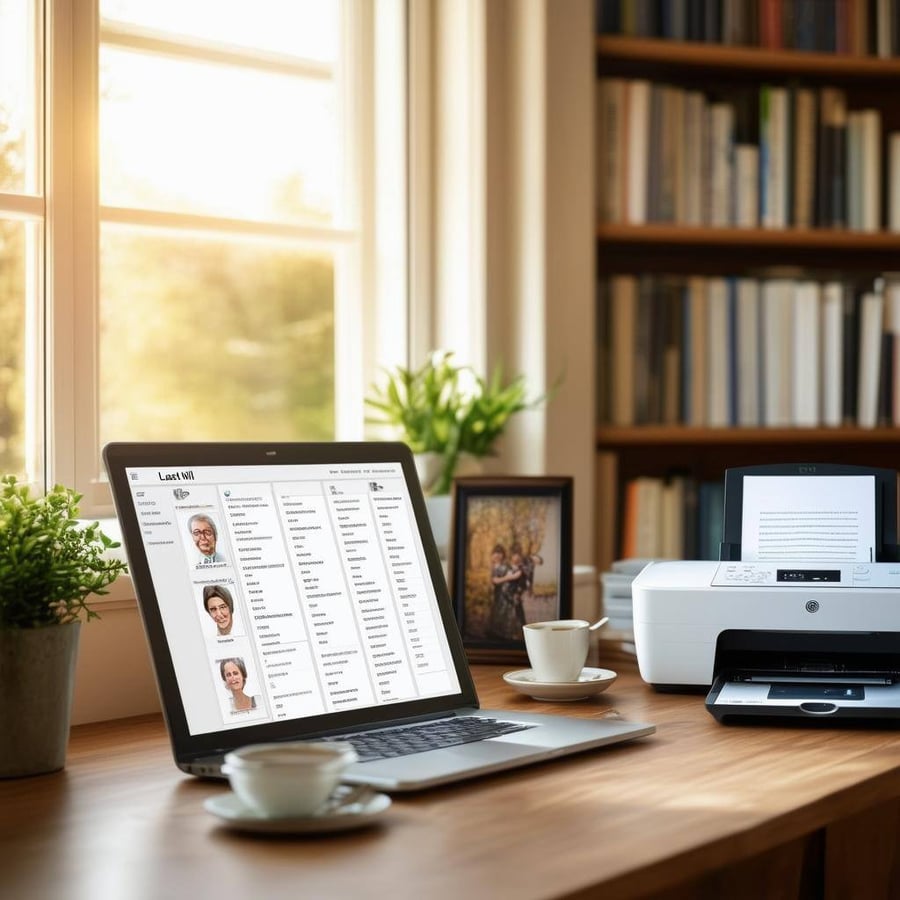 The image depicts a serene, organized home office space illuminated by soft, natural light filtering through a window