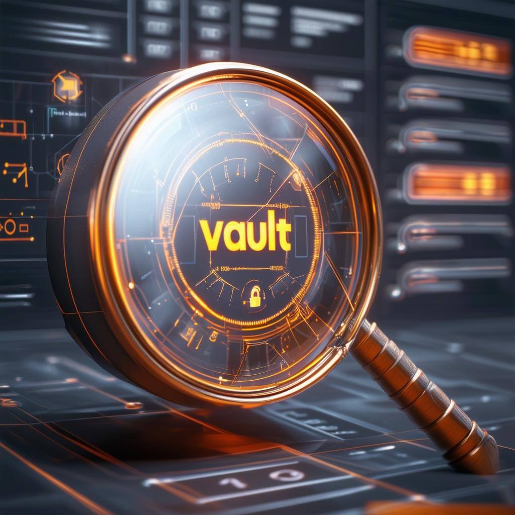 A magnifying glass highlighting key features on a digital vault interface.