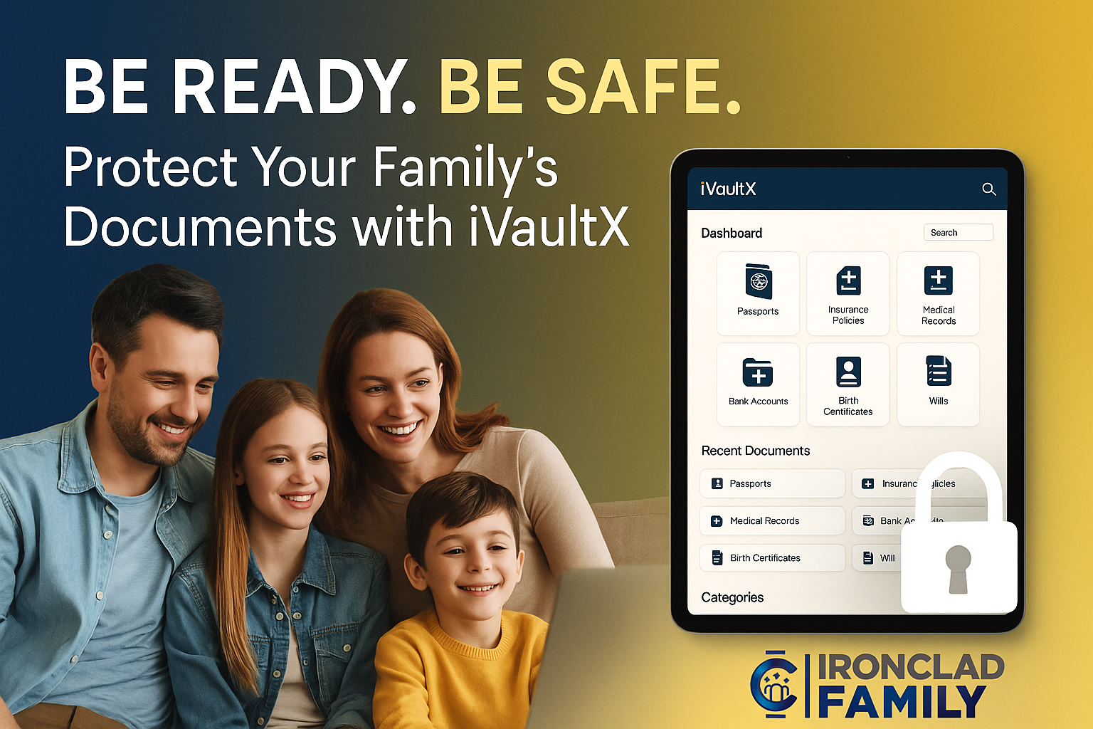Family using iVaultx secure digital vault for emergency preparedness