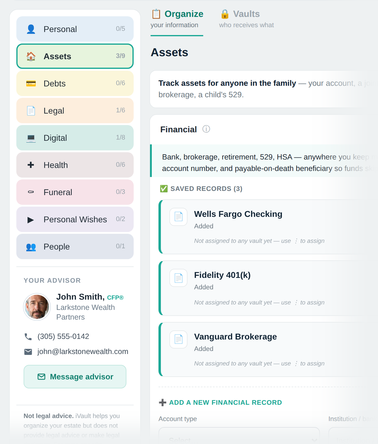 A client's vault with the advisor's photo, name, firm, phone and a Message advisor button built into the sidebar