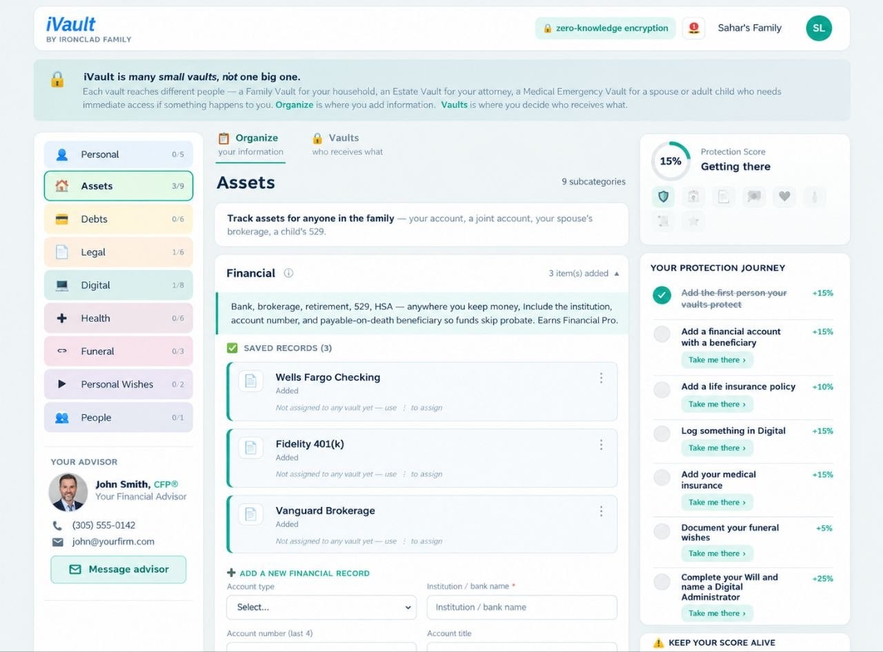 The full client vault: categories, saved accounts, a protection score, a step-by-step journey, and the advisor's card in the sidebar