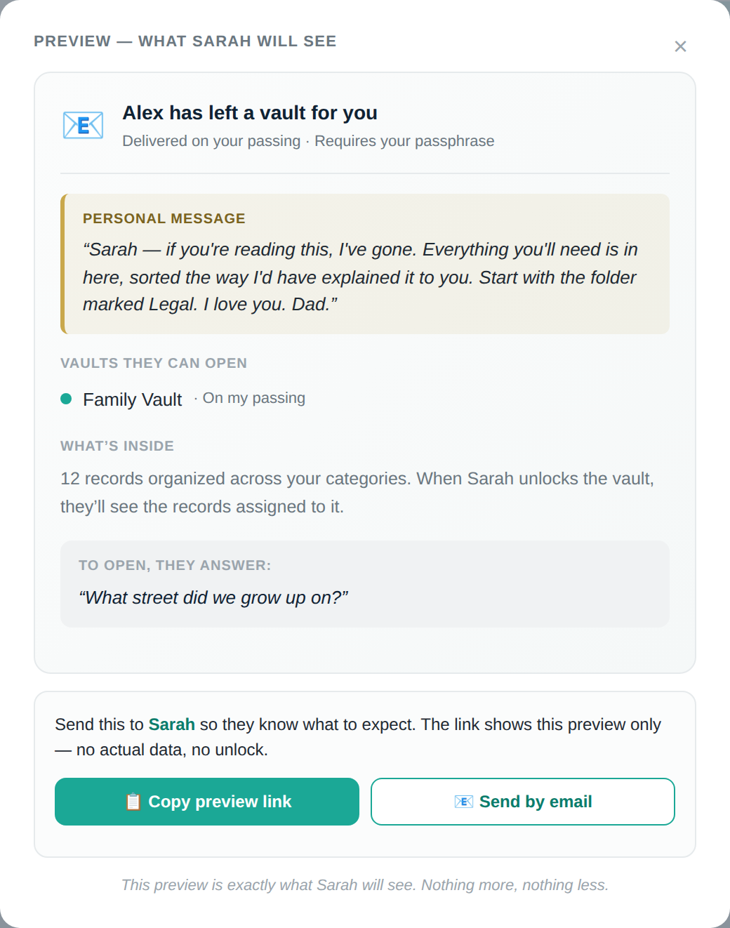 The preview a recipient sees: the message you wrote, the vaults they can open, and the question they'll be asked